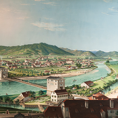 Conrad Kreuzer: Die neuerbaute Kettenbrücke der Hauptstadt Graz – Ansicht vom Schloßberg gegen Westen, 1836 Tempera auf Papier Inv.-Nr. MAL05/00592