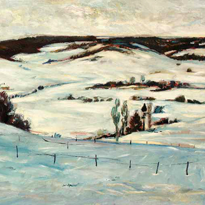 Eine Malerei mit einer Winterlandschaft.