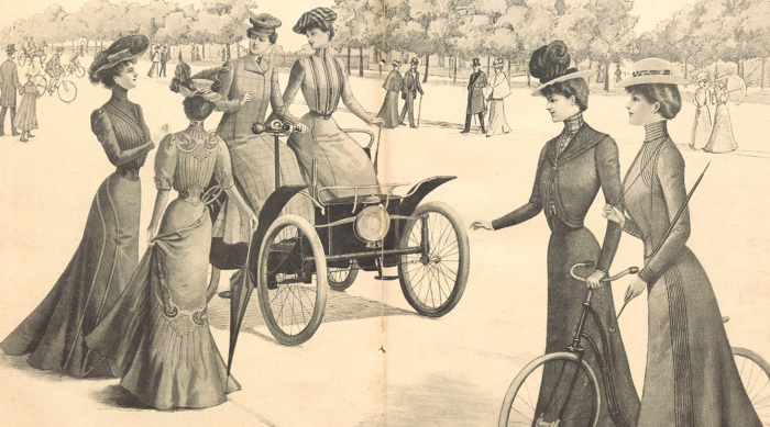 Zeichnung mit sechs Damen in Kleidern aus dem 19. Jahrhundert, eine von ihnen hat ein Fahrrad, zwei andere sitzen in einem Automobil.