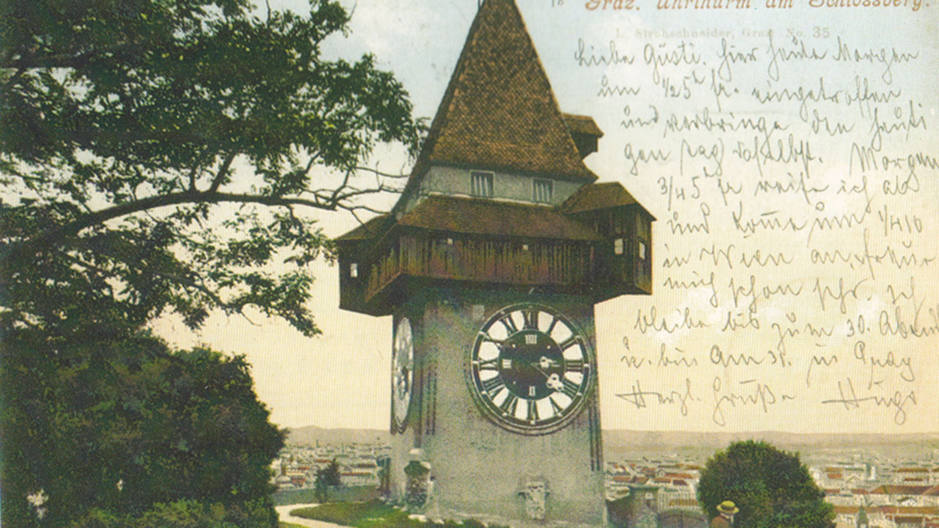 Postkarte mit dem Grazer Uhrturm