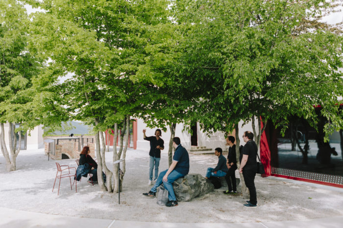 Eine Gruppe von sieben Menschen stehen oder sitzen unter eine grünen Hainbuche, die sich im Innenhof des Graz Museum Schlossberg befindet.